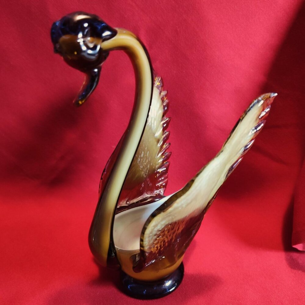 Vintage Handblown brown, green, wide winged swan planter, toothpick holder